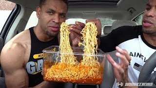 EXTREME SPICY CHEESE RAMEN NOODLE CHALLENGE  MUKBANG hodgetwins [upl. by Sweet]