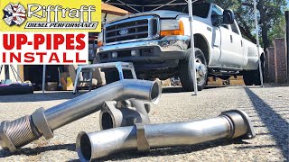 2001 F350 73  RiffRaff UpPipes Install  Stock up pipes leaking and falling apart JUNK SP [upl. by Kragh]